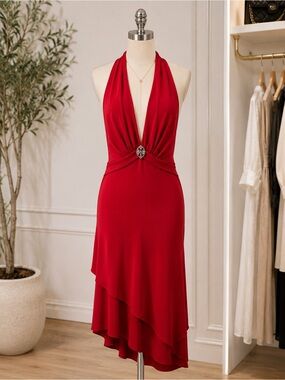 S.L. Fashions Red Halter High-Low Dress Size 10 Jeweled Y2K Evening Gown